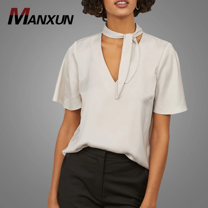 Summer Custom New Design Women Short Sleeve Blouse Regular Fit Deep V Neck Chiffon Blouse Tops With Tie Collar