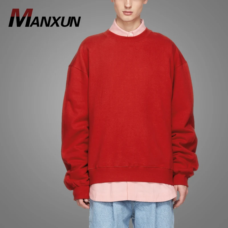 Wholesale Dropped Shoulders Fleece Red Crewneck Sweatshirt Without Hood Plain Mens Sweatshirt