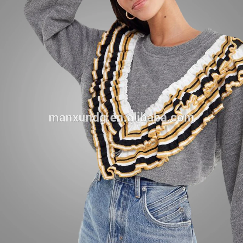 2019 Fashion Crewneck Long Sleeve Grey Hoodies Oversized Casual Layered Ruffle Pullover Hoodies Sweatshirts For Girls