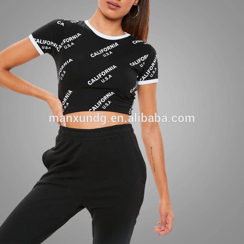 Custom Printing Black Cropped Slim Fit Women T Shirt Casual Fashion T Shirt