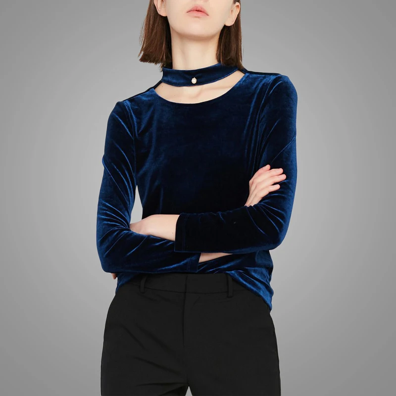 Hot Sell Hollow out Collar Long Sleeve Women Ladies Tops Dark Blue Soft Velvet Blouses Pullover Women 5