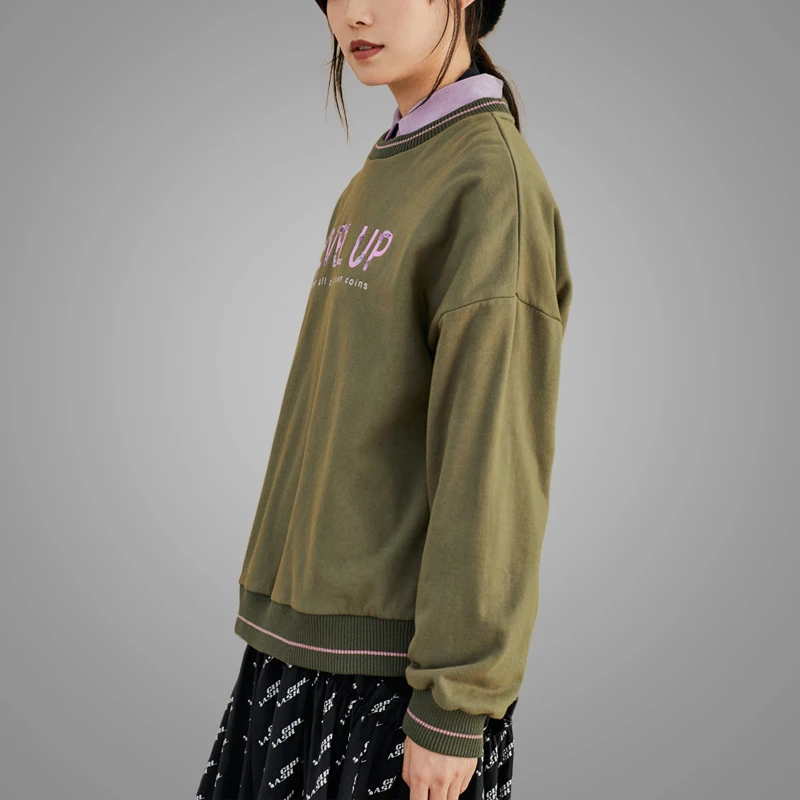 New Arrival Spring Army Green Crew Neck dropped shoulder Sweatshirt Fashion Letters Slogan Sequin Womens Pullover 3