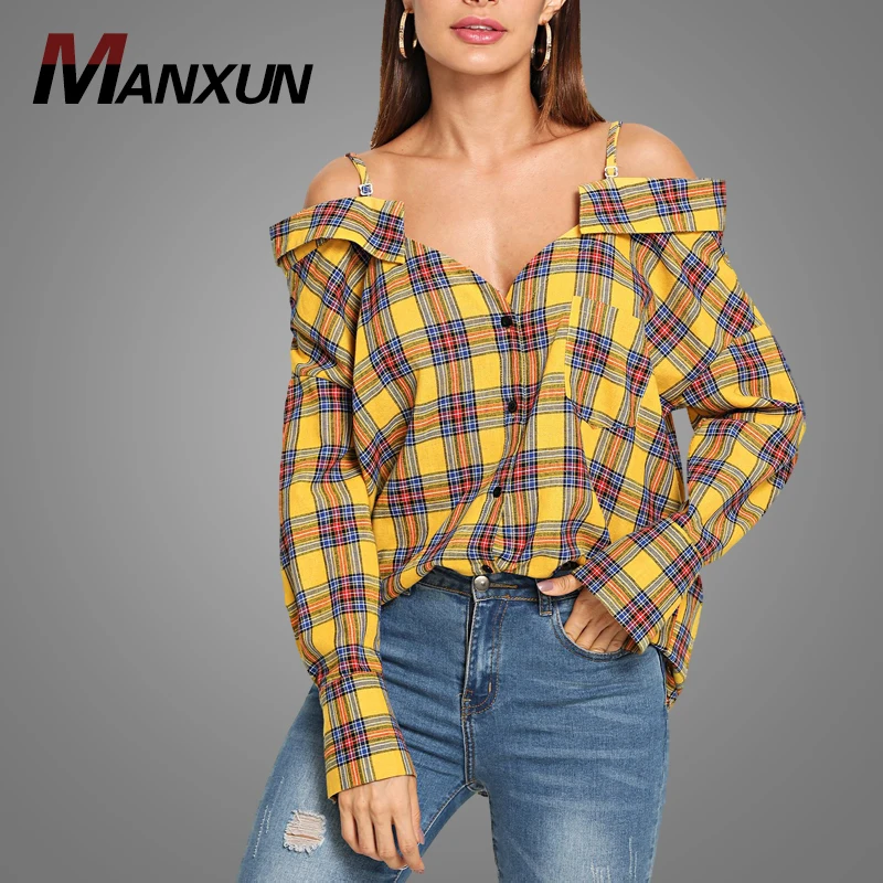 Wholesale Cold Shoulder Button Up Check Plaid Blouse Women Streetwear Shirt Blouse