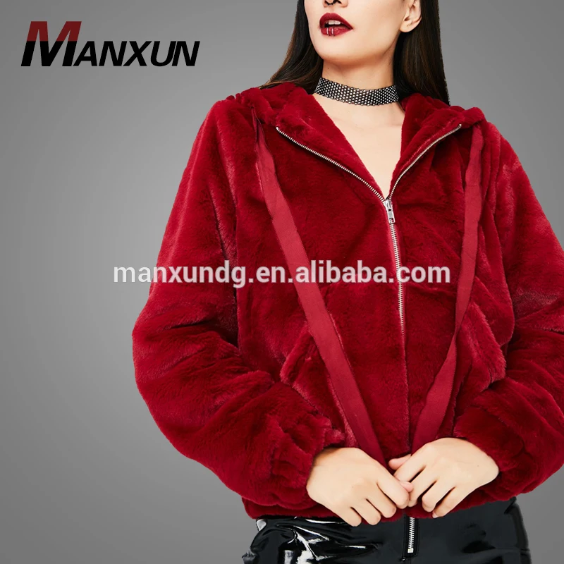 High Quality Cheap Thick Red Faux Fur Ladies Hoodie Zip Up Women Plain Hoodie Jacket