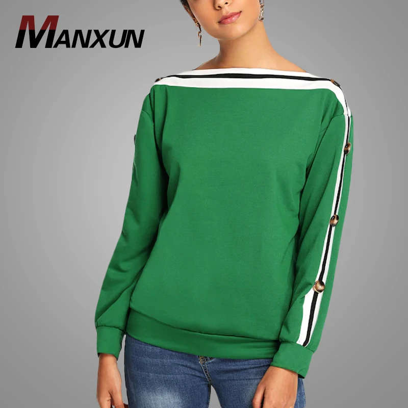 2018 Fashion Striped Button Sleeve Sweatshirt Women Custom Warm Blank Winter Sweatshirt Hot Sell