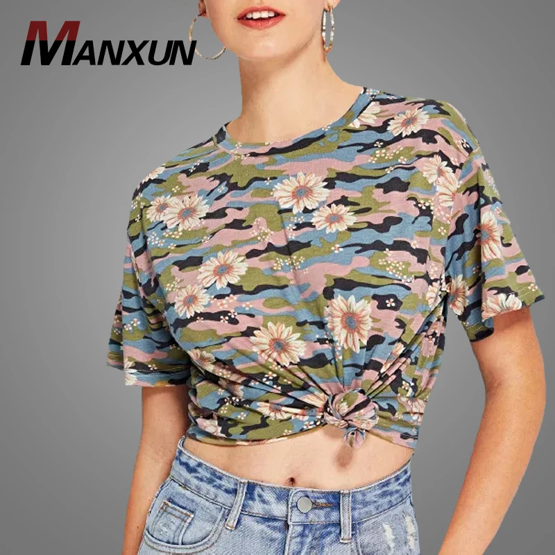 Alibaba Tshirt Custom Flower Print t-shirts Oranic Cotton Camouflage Camo T-Shirt For Women