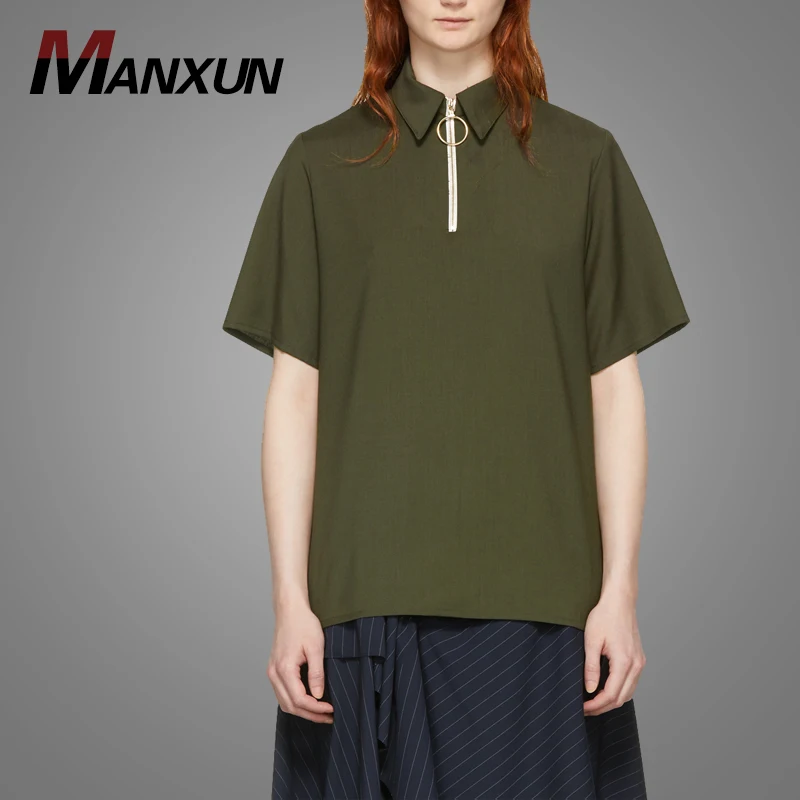 New Design Women Half Zip Top Polo T Shirt Green 100% Cotton Ladies Polo Shirt 2018