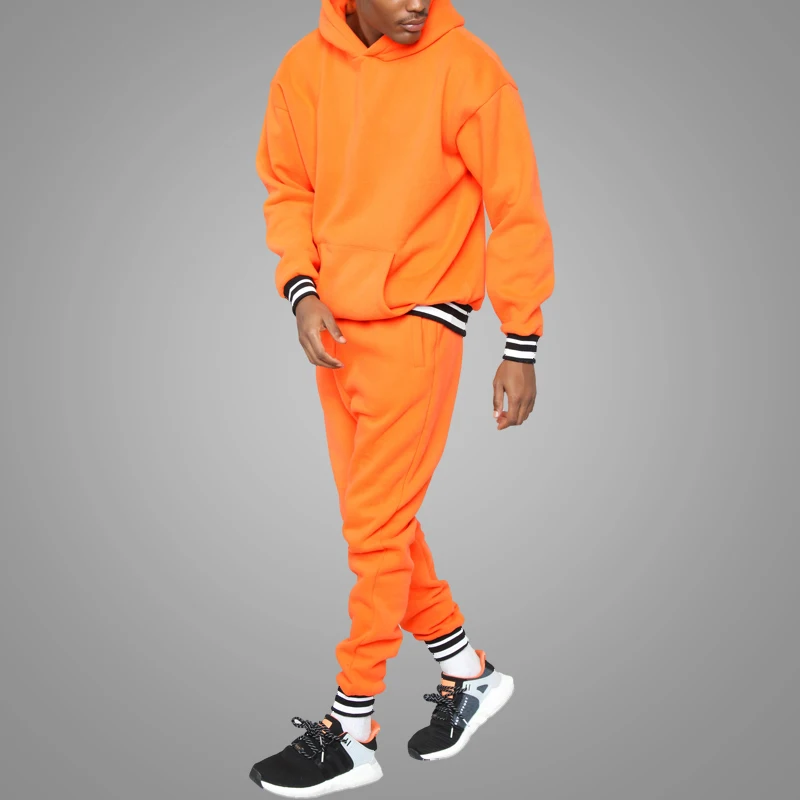 Wholesale Striped Hem Hoodie Orange Tracksuit Hip Hop Thick Plain Gym Tracksuit For Men