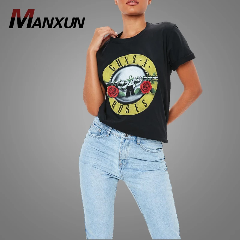 Wholesale China Cheap Rose Printing Black Ladies T Shirt Custom Women Gym T-shirt 2018