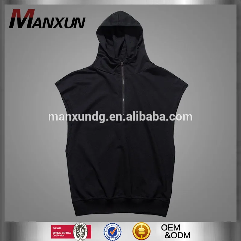 Wholesale Sportswear For Men Pure Color Hoodie Sleeveless Shrink Hem Tank Top With The Zipper