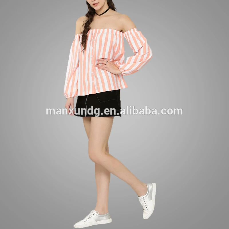 New Sweet Girls Pink And White Stripe Long Sleeve Beach Off The Shoulder Blouse Tops 2018 3