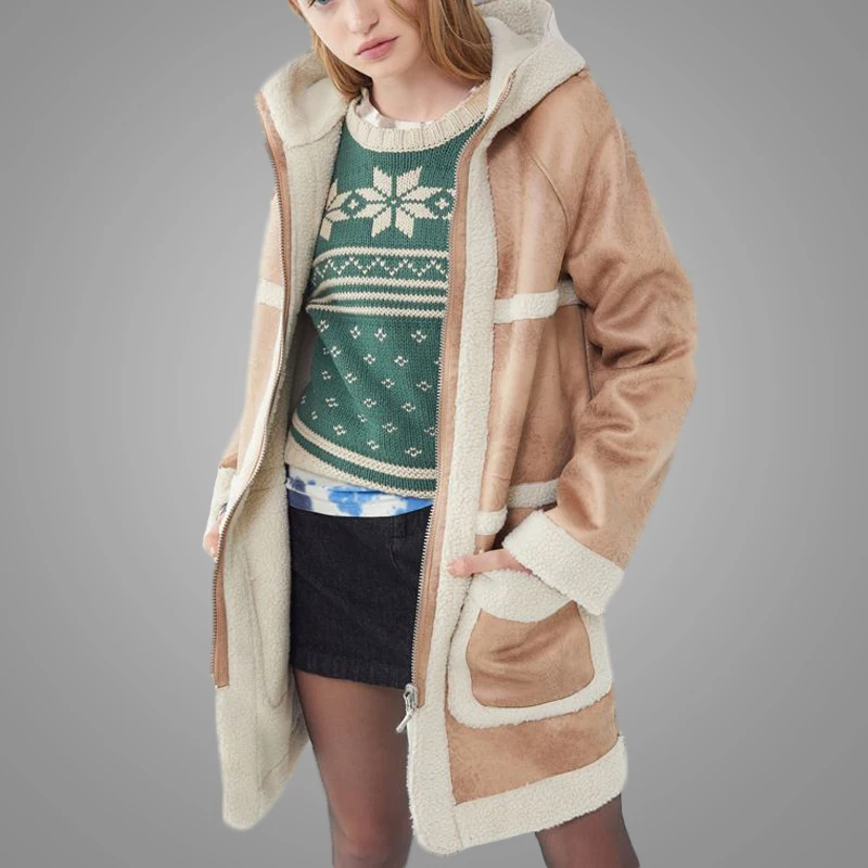 Long Faux Fur Coat Jacketss Women Clothing Apparel Color Block Sherpa Reversible Hooded Teddy Coat 2019