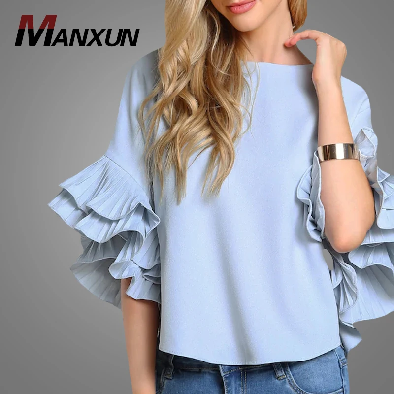 Customized New Fashion Women Round Neck Plain Blouse Trendy Pleated Ruffle Sleeve Blouse Tops
