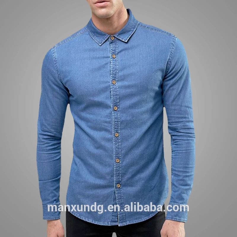 New Arrival Men Long Sleeve Light Blue Shirt Simple Button Front Skinny Denim Shirt