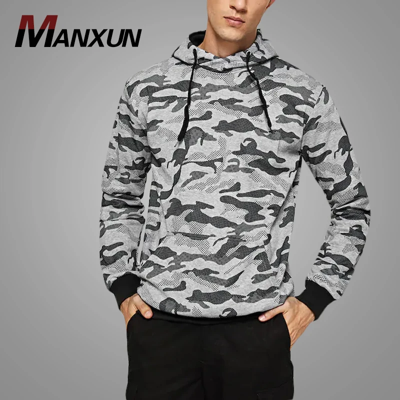 Wholesale Men Camo Print Hooded Sweatshirt Polyester Drawstring Pullover Hoodies Autumn Sporty