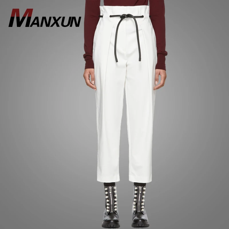 Wholesale Stretch Cotton Trousers White High Rise Cropped Leg Simple Pants