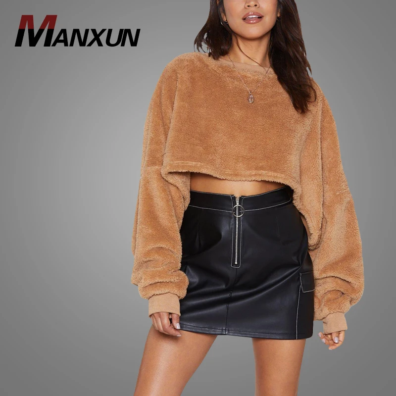 Manufacturing Sweatshirts Faux Mink Lashes Sweater Faux Suede Fabric Fur Sexy Long Sleeves Crop Top