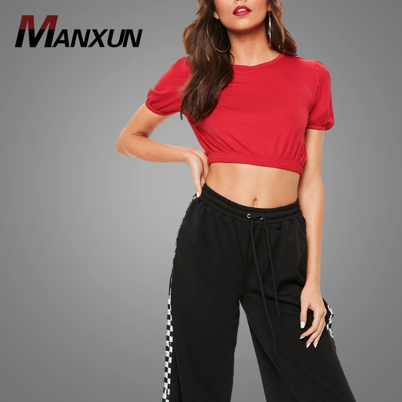 New Fashion 100% Cotton Girls T-Shirt Red Puff Sleeve Cropped Women T Shirt 2018
