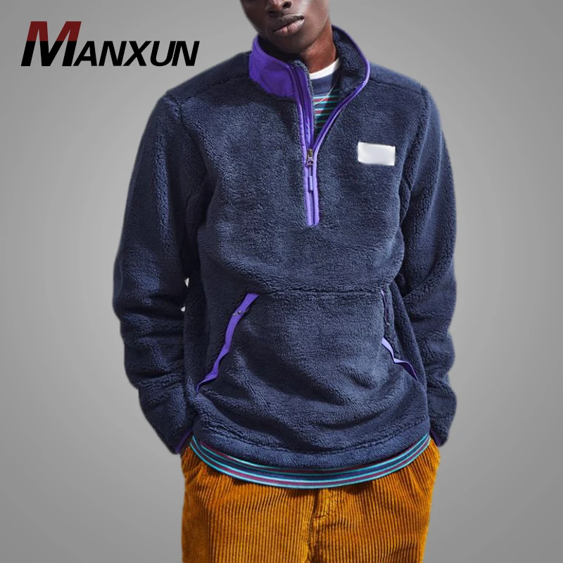 Half Zip Purple Custom Logo 2018 Sherpa Oversized Hoodie for Men Stand Collar Thicker Mens Pullover