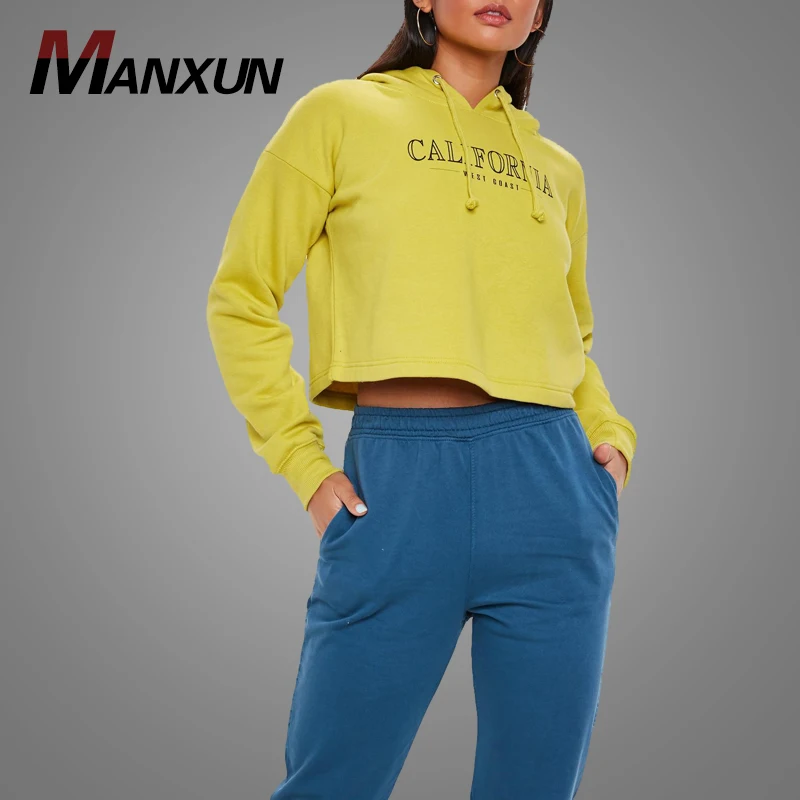 Stylish Fashion Lime Green Fleece Slogan Cropped Top Women Hoodie Streetwear Ladies Hoodies