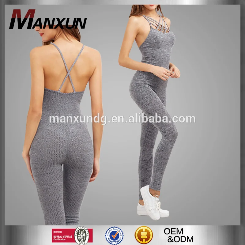 Jumpsuits Women 2018 Grey Ribbed Knit Cage Neck Skinny Jumpsuit for Fitness