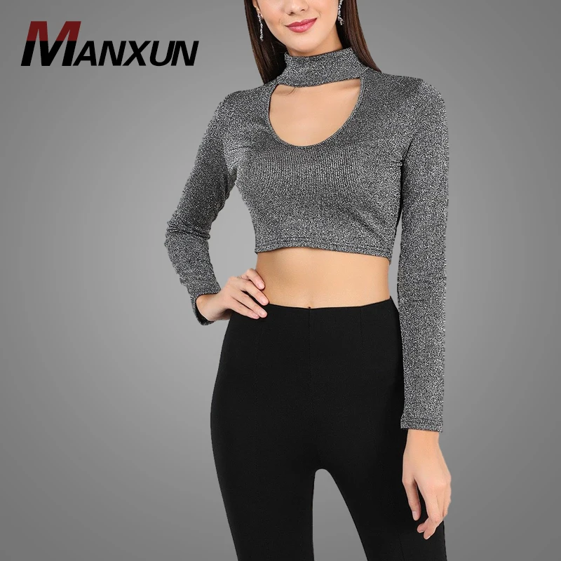 Wholesale Choker Neck Crop Short Top Slim Fit Women Plain Knitted Blouse Top 2018