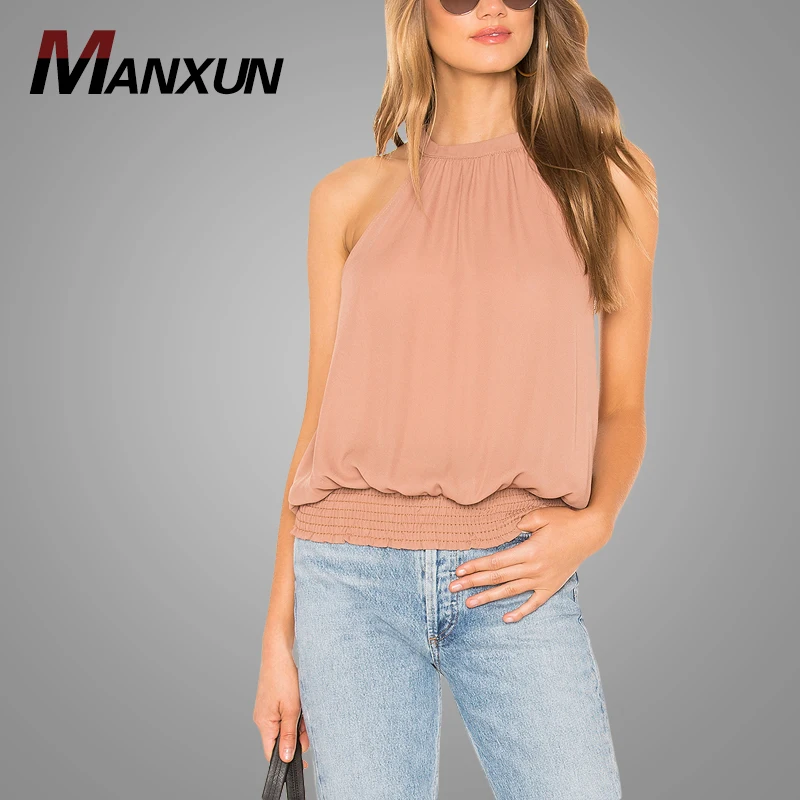 Guangdong Clothing Smocked Bottom Hem Strap Top Womens Tops Blouses 2018
