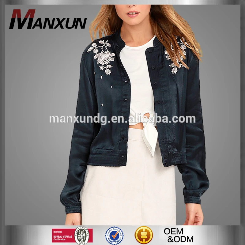 Hot Sale Navy Blue Life Jacket Embroidered Coat And Satin Bomber Jacket For Women