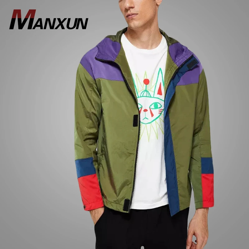 Wholesale Men Colorblock Jacket 100% Polyester Sport Jackets  Hooded Zipper Jacket