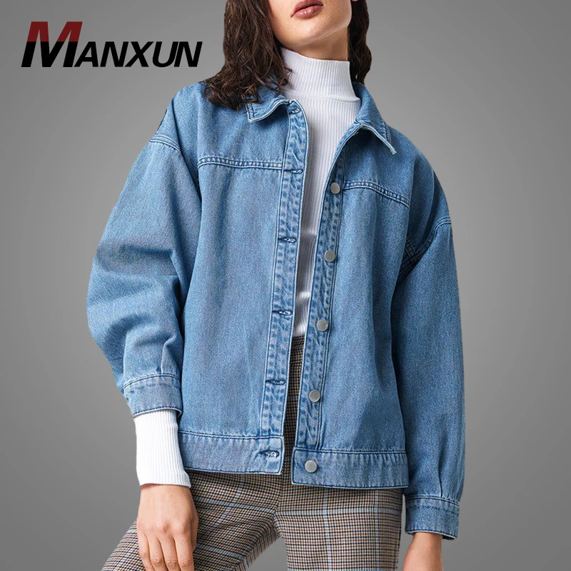 Wholesale Custom Light Blue Button Down Women Denim Jacket Autumn Fashion Slim Fit Button Up Jean Jacket 2019