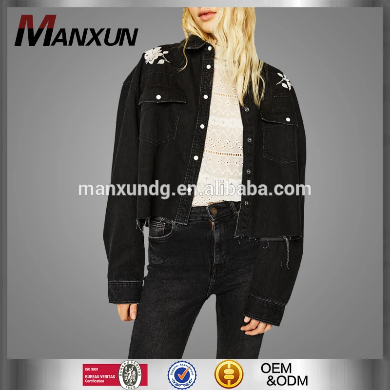 Fashionable Embroidered And Fringe Jean Jacket Wholesale Women Black Denim Jackets Coat