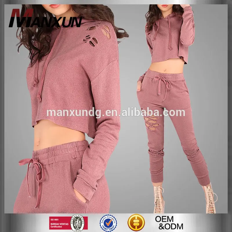 Latest Design Casual Ripped Crop Sweatsuit Cropped Hoodie Womens Plain Customized Gym Mauve Colors Tracksuits
