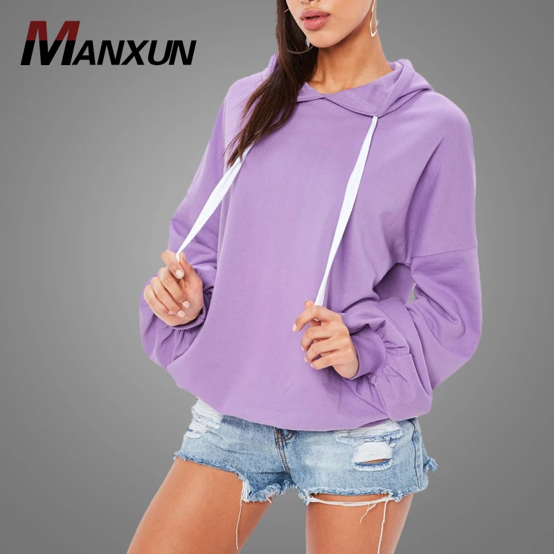 Wholesale Purple Oversized Puff Sleeve Women Hoodie Pullover Sweatshirt Hoodies 2019