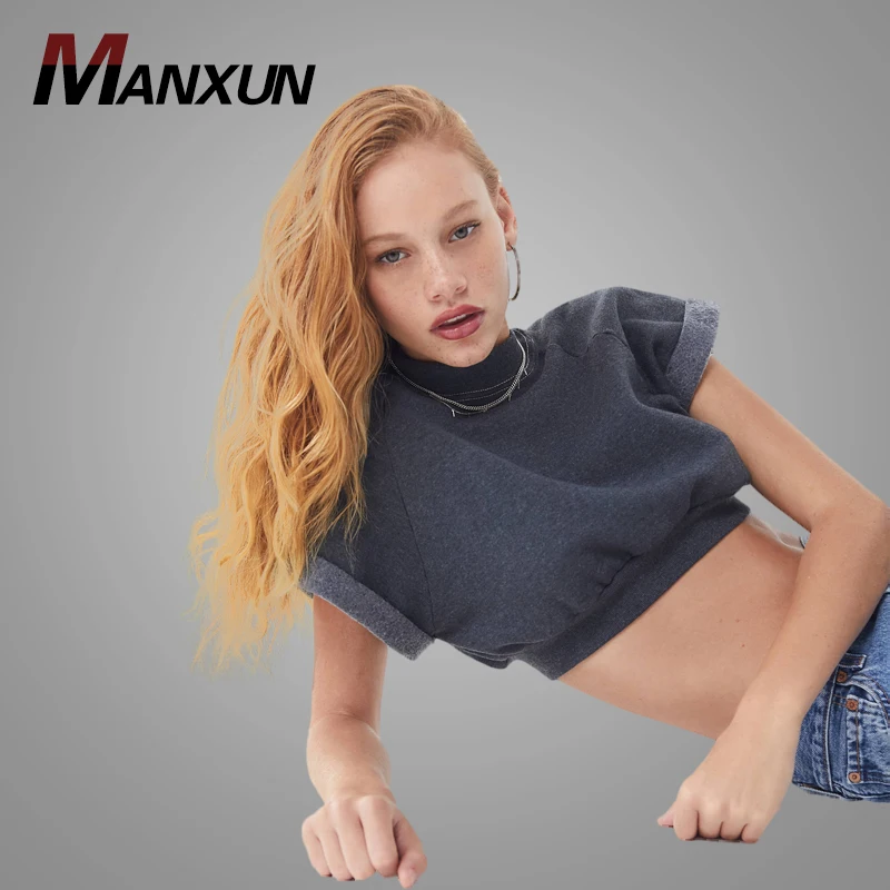 Wholesale Recycled Roll Sleeve custom Cropped Sweatshirt Women Blank Crewneck Sweatshirt Women