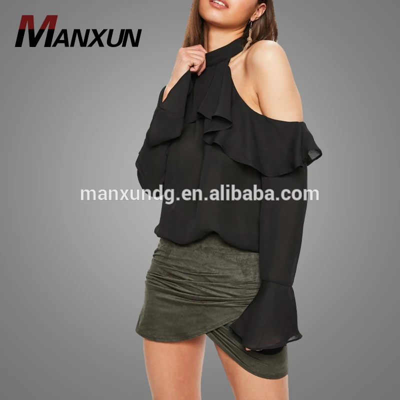 New Arrival Vintage Wrap Blouse Top Black Cold Shoulder Frill Women Blouse 2018
