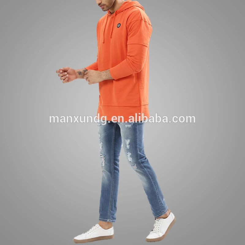 Custom Streetwear Pullover Sweatshirt Hoodies Two Part Sleeve Longline Mens Hoodie 5