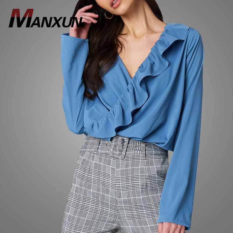 Hoe Sales High Quality Women Plain Blue Long Sleeve Blouses Customize Asymmetric Frill Formal Blouse Tops