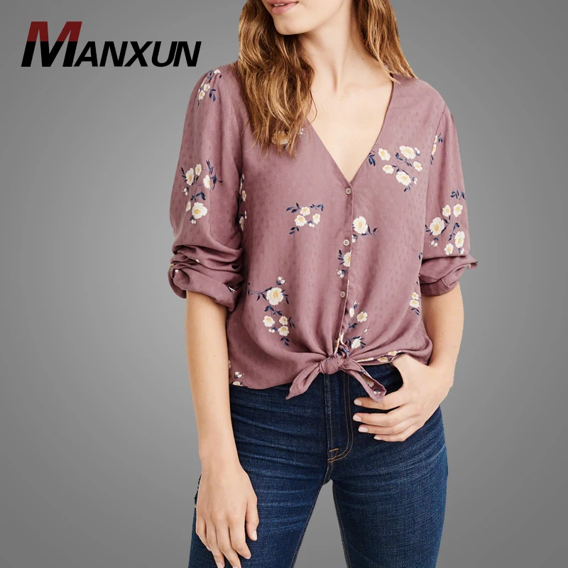Spring And Autumn Fashion Women Casual Long Sleeve Tie Front Blouse Tops New Trendy  Floral Printed Cotton Blouse