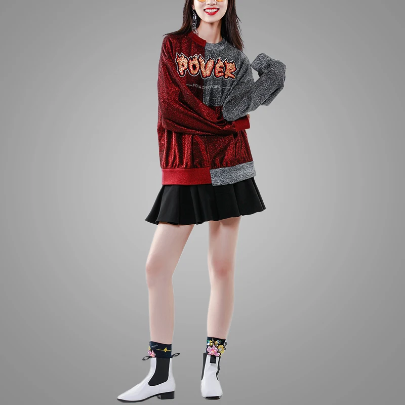 New Fashion Red and Grey Color Block Stitching Sequined Ladies Oversized Pullover Long Women Sweatshirt 3