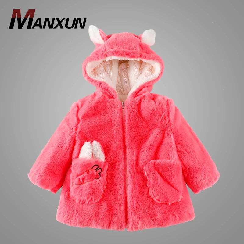 New Arrival Baby Girl Rabbit Ear Sweater Kids Girls Winter Warm Hooded Clothes Pink Fur Baby Jacket