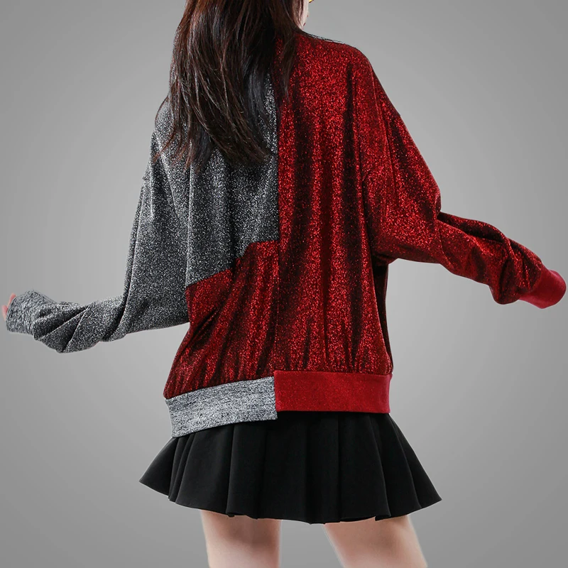 New Fashion Red and Grey Color Block Stitching Sequined Ladies Oversized Pullover Long Women Sweatshirt 7