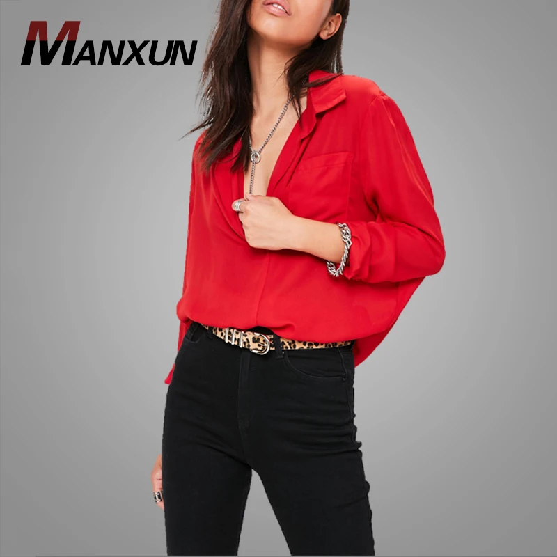 Latest Design Red Oversized Chiffon Shirt Blouse Plain Drop V Neck Woman Normal Shirts Blouse