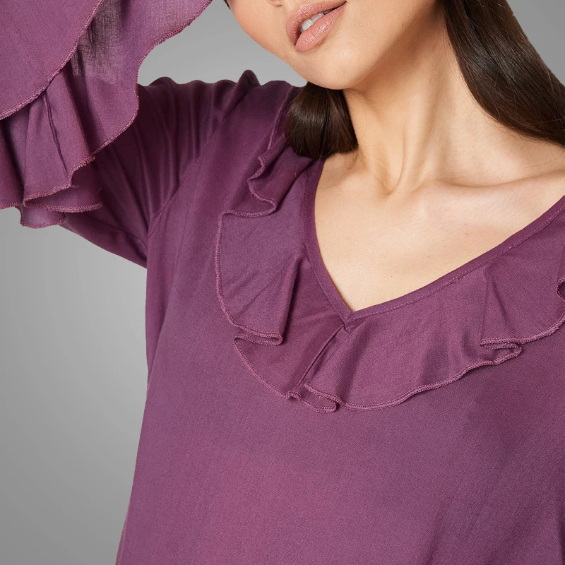 OEM Hot Sale Product Plain Purple Flounce Sleeve Elegant Crewneck Frill Blouse And Tops  Casual Chiffon Blouse Wholesale 3