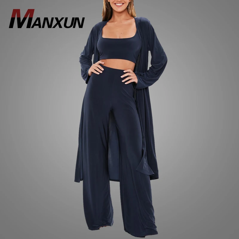 High Quality Navy Blue Slinky 3 Piece Cotton Yoga Sets Tracksuit For Women