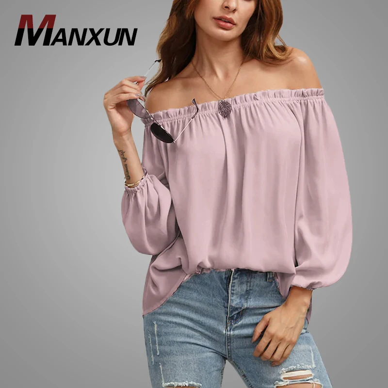 Wholesale Frill Off Shoulder Elasticized Lantern Sleeve Top Women Custom Sexy Blouse Plain Tops