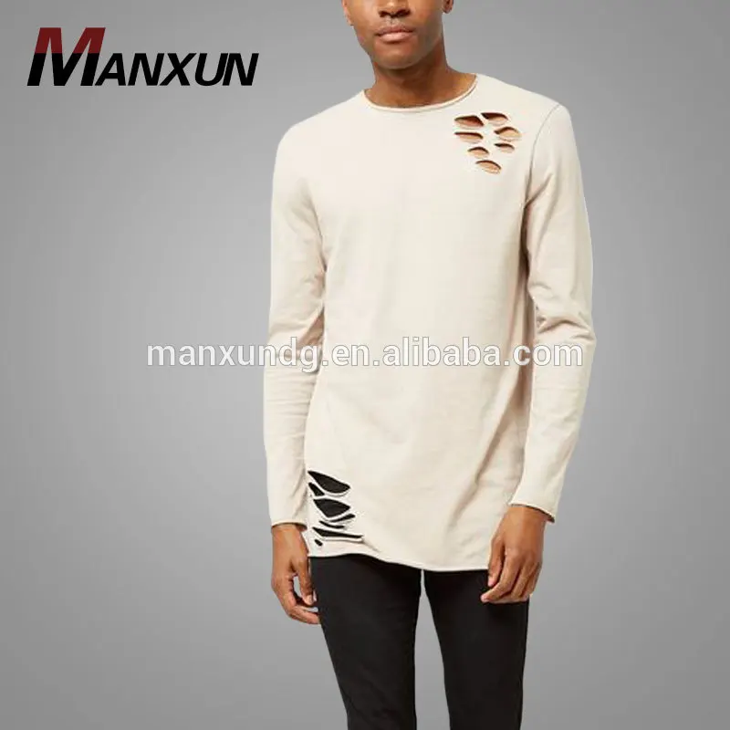 Loose Pullover Casual Top Blouse T-Shirt Men Stone Ripped Long Sleeve T-Shirt