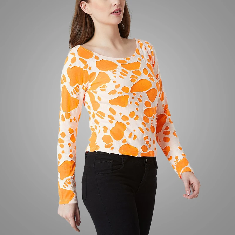 Latest Design Crew Neck Long Sleeve Fashion White and Orange Hole Girls Women T-shirt Lady 5