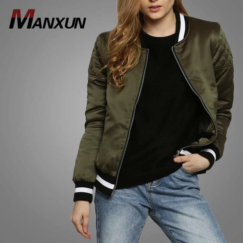 Hot Sale Army Green Oversized Bomber Jacket Baseball Collar Front Zipper Women Jacket