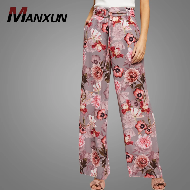 2018 Premium Quality Custom Flower Trousers New Fashion High Waist Pants Supper Soft Casual Wide Leg Ladies Pant