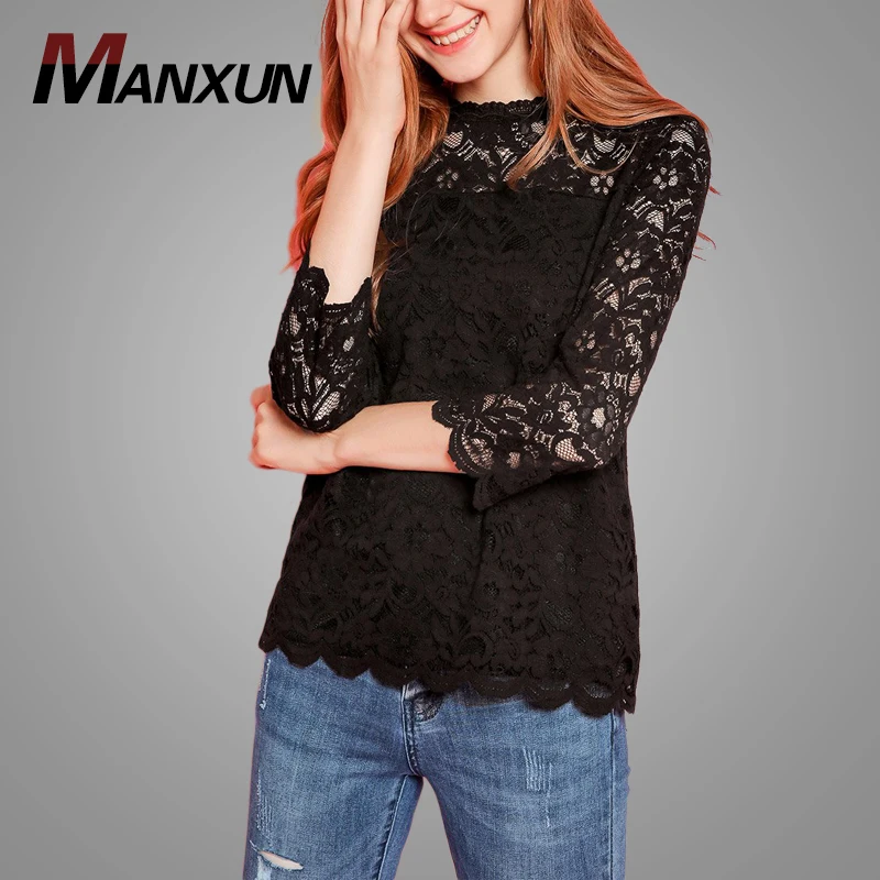 Newest Slim Lace Hollow out Sexy Autumn Women Top Hot Fashion Elegant Temperament Female T-shirt